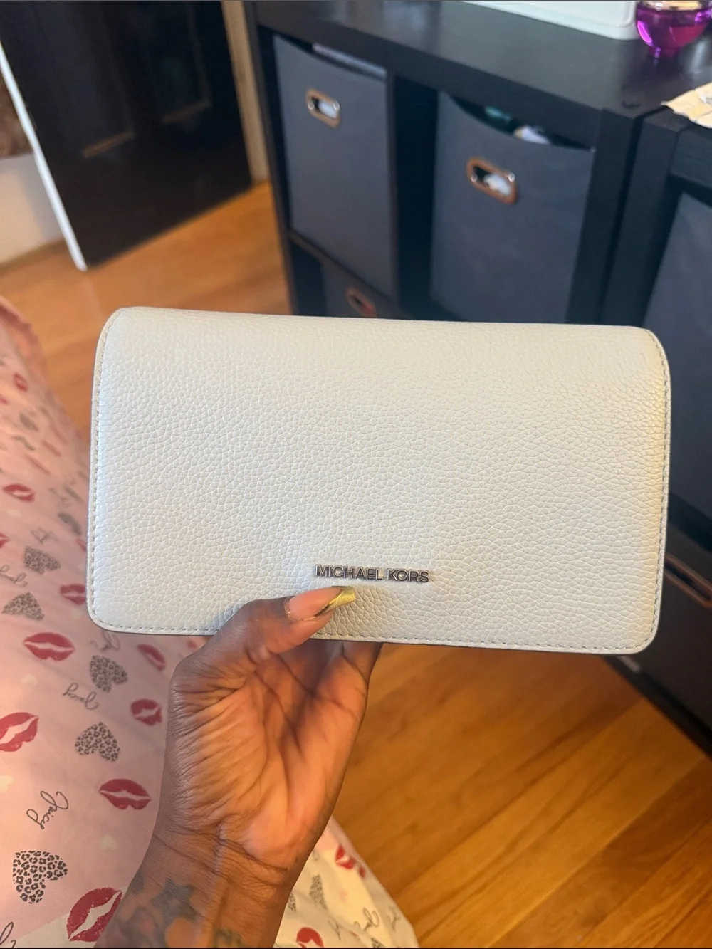 Michael Kors baby blue pebbled Leather Clutch purse with silver Logo